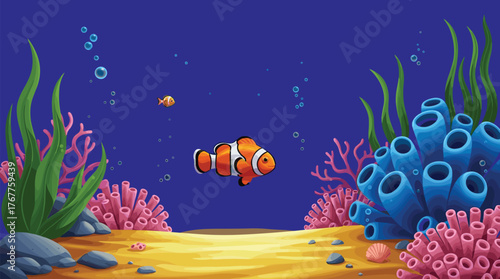 Underwater coral reef, clownfish swimming, marine biodiversity, ocean life, aquatic plants, colorful sea scene, tropical fish, cartoon vector, nature illustration, ecosystem beauty