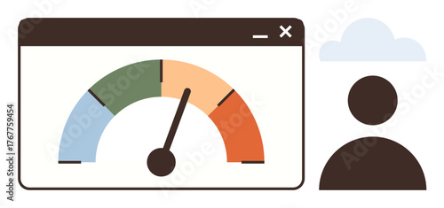 Speedometer in browser window with color-coded scale, next to user and cloud. Ideal for performance tracking, productivity, analytics, goals, metrics, evaluation decision-making. Clear simple flat