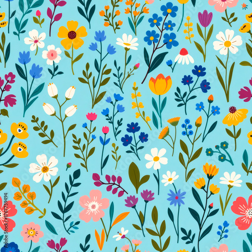 Colorful floral pattern with various flowers on blue background  