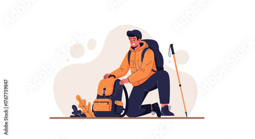 Adventurous Hiker Preparing For Journey, Backpacking, Trekking, And Outdoor Activity