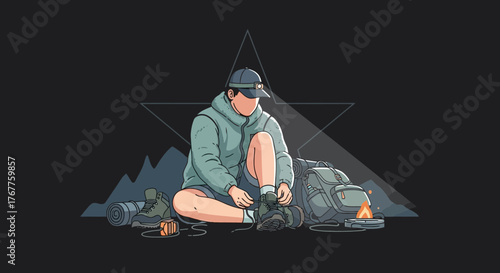 Adventurous Hiker Preparing For Journey, Outdoor Trekking, Campfire Scene Illustration