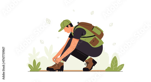 Adventurous Hiker Preparing For Journey, Tying Boots Laces On Outdoor Trail