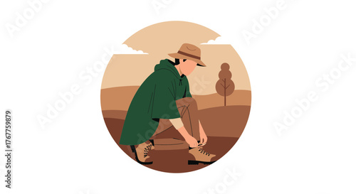 Adventurous Individual Preparing For Journey Outdoors In A Stylized Monochromatic Illustration