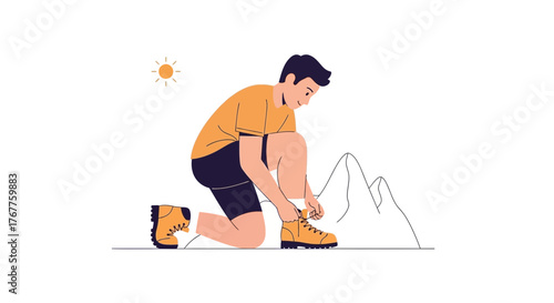 Adventurous Hiker Preparing For Mountain Climb On Sunny Day Beginning The Expedition