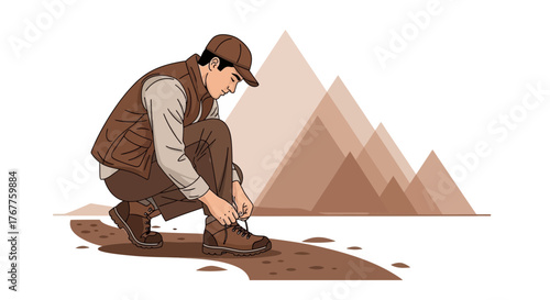 Adventurous Hiker Preparing For Mountain Climb, Tying Boot Laces, Reaching Summit Soon