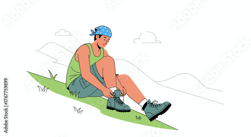 Adventurous Hiker Preparing For the Trail, Enjoying The Mountainous Scenery Before Beginning The