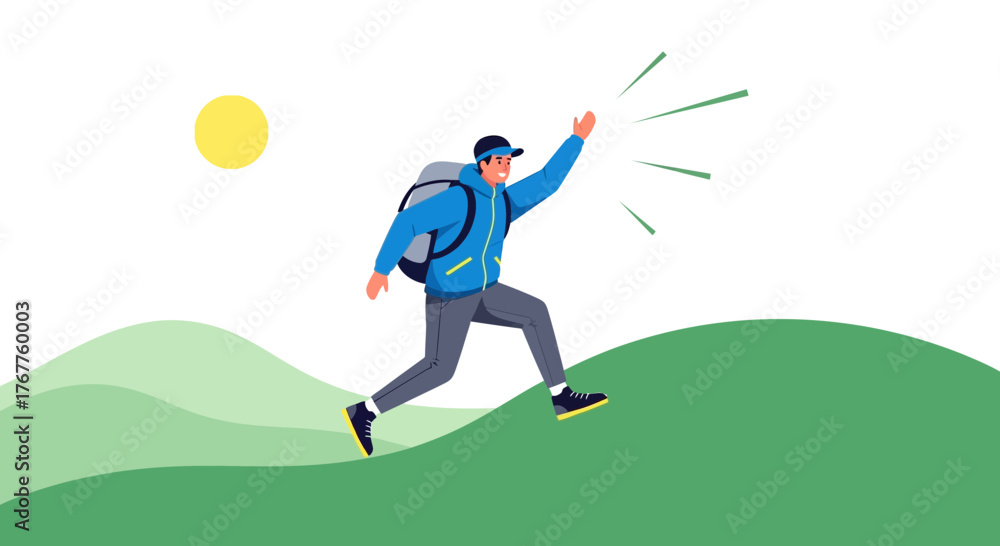 Fototapeta premium Adventurous Hiker Reaching The Summit, Celebrating Victory Over Green Hills And Sun