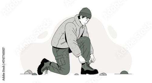 Adventurous Person in Winter Gear Lacing Boots, Ready For New Trails and Expedition