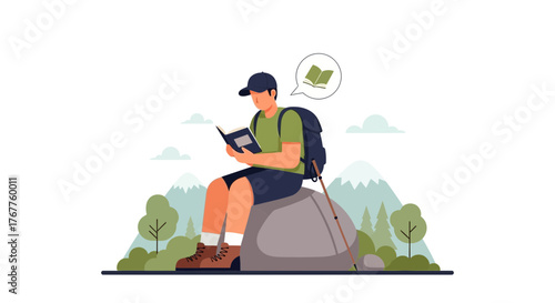 Adventurous Hiker Reading A Book Meditating and Feeling Peaceful Amidst Natural Scenery