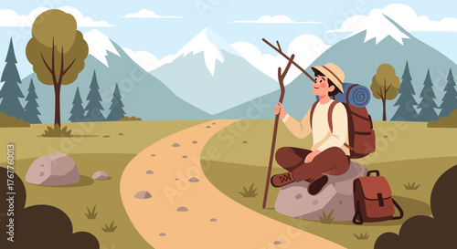 Adventurous Hiker Relaxes And Observes Scenic Mountain View On A Peaceful Trek