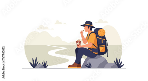 Adventurous Hiker Resting on a Rock and Enjoying a Snack During a Journey