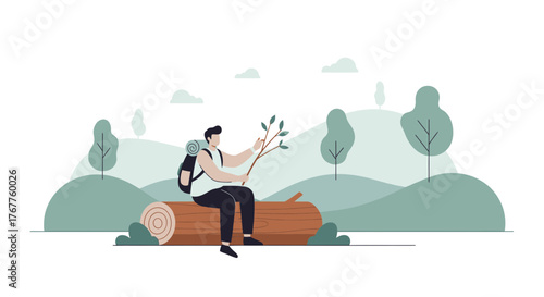 Adventurous Hiker Resting On Log Enjoying The Beauty Of Nature's Vista
