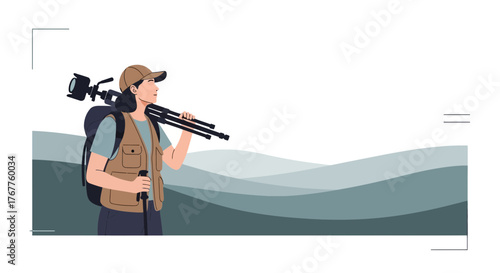 Adventurous Photographer With Camera and Tripod Exploring a Scenic Landscape Illustration