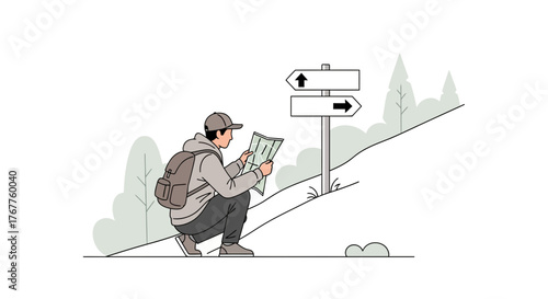 Adventurous Hiker Reviews Map At Trail Marker To Explore Wilderness Scenery