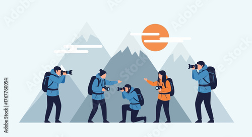 Adventurous Photographers Hiking in Mountainous Terrain Capturing the Majestic Landscape