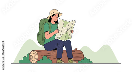 Adventurous Hiker Reviews Map While Resting On Log During Day Of Trekking Adventure
