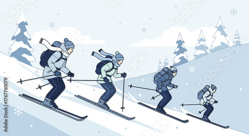 Adventurous Skiers Descending Snowy Slopes with Serene Winter Landscape Background