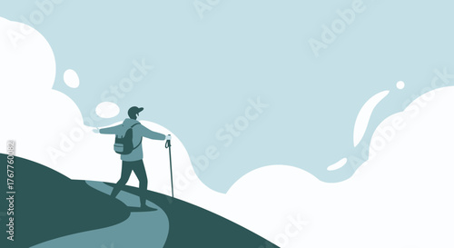 Adventurous Traveler Ascending a Hillside, Reaching for The Horizon and Vast Sky