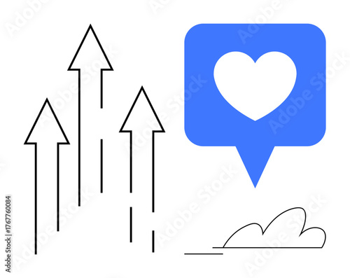 Upward arrows signify growth and progress, paired with a blue chat bubble containing a heart, symbolizing support and positive feedback. Ideal for success, communication, business, social media
