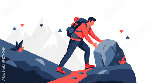 Adventurous Hiker Scaling Rocky Terrain Toward Mountain Peaks In A Geometric Landscape