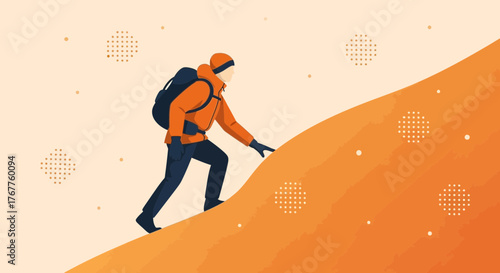 Adventurous Hiker Scaling Steep Mountain, Reaching New Heights in Colorfull Illustration