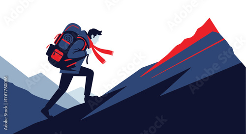 Adventurous Traveler Ascending a Rocky Mountain, Vector Illustration of Hiking or Climbing.