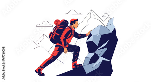 Adventurous Hiker Scaling Mountain Peak Achieving Summit With Backpacking Equipment