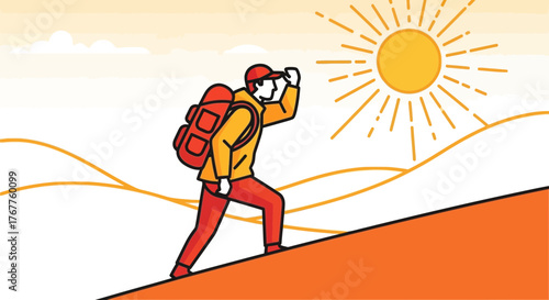 Adventurous Traveler Ascending a Hill Towards the Sunshine on a Summer Expedition