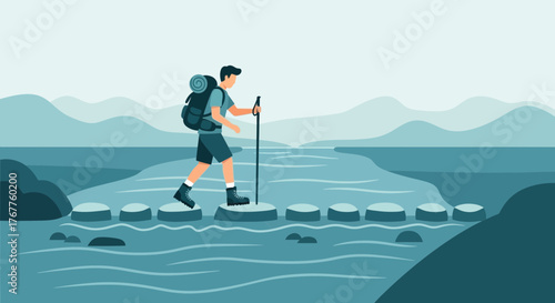 Adventurous Traveler Crossing The River On Stepping Stones During The Trekking Journey
