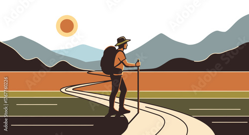 Adventurous Traveler Embarks On a Journey Along a Winding Road Towards Mountains