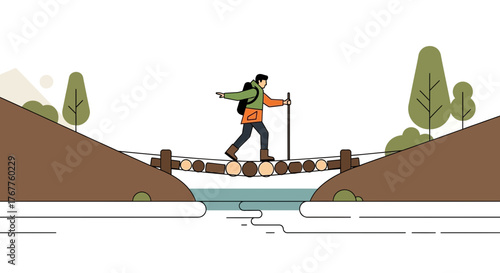 Adventurous Traveler Crossing Bridge Navigating a Serene Waterway in a Nature Setting