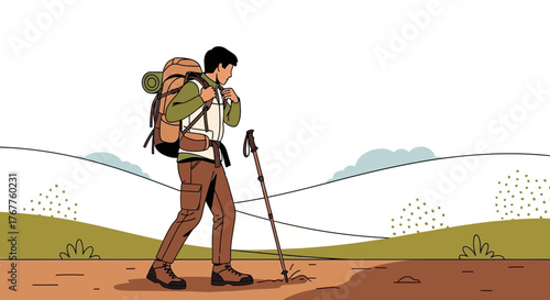 Adventurous Traveler Embarking On Expedition Through Scenic Landscape Of Mountainous Terrain