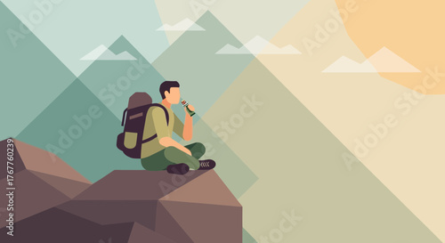 Adventurous Traveler Enjoys A Mountain View And Takes A Break To Hydrate