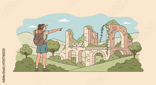 Adventurous Traveler Exploring Ancient Ruins During A Scenic Hiking Expedition