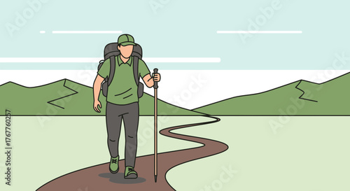 Adventurous Hiker Walking With Backpack On Mountain Path Towards New Horizons
