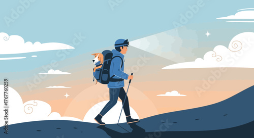 Adventurous Hiker Walking Uphill With a Dog in a Backpack During Sunset Outdoors