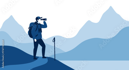 Adventurous Traveler Exploring Mountain Vistas With Binoculars and Hiking Equipment