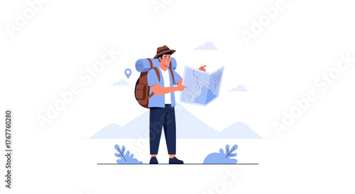 Adventurous Traveler Exploring the Map: Discovering Outdoors Freedom and Direction
