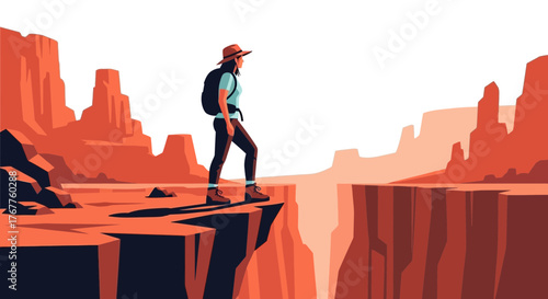 Adventurous Traveler Gazes Over Vast Canyon Landscape During Hiking Expedition