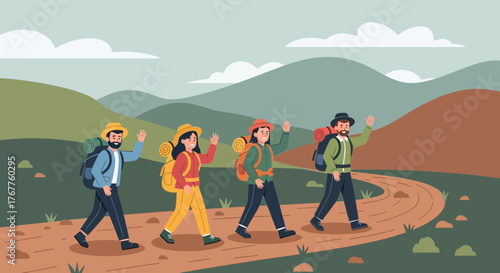 Adventurous Hikers Trekking Through Scenic Landscapes During A Beautiful Day Outing