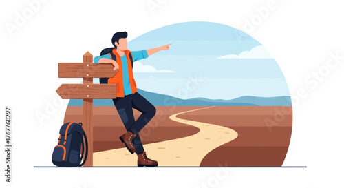 Adventurous Traveler Gazing At Directional Signpost In A Natural Landscape