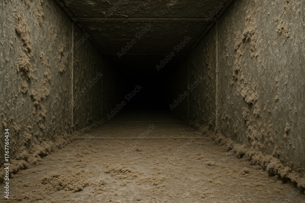 Obraz premium Dark and Dirty Ventilation Duct with Dust and Debris Accumulation in Industrial Setting