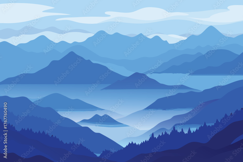 Obraz premium Serene blue mountain landscape with layers of peaks and valleys