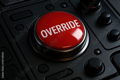 Large Red Button with Override Text on Control Panel, Emergency Action Concept, Industrial Equipment
