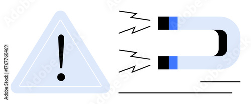 Exclamation mark inside triangle and horseshoe magnet emitting energy illustrate attraction, caution, focus, and duality of forces. Ideal for marketing, safety, alertness, energy, leadership