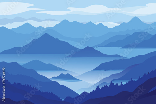 Serene blue mountain landscape with layers of peaks and valleys