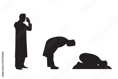 Silhouette of a muslim man praying in different positions isolated on white background vector illustration of islamic prayer sequence black and white image of religious practice