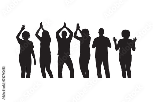 Silhouette of a group of people cheering and clapping isolated on white background vector illustration of celebration and support black and white image of crowd raising hands