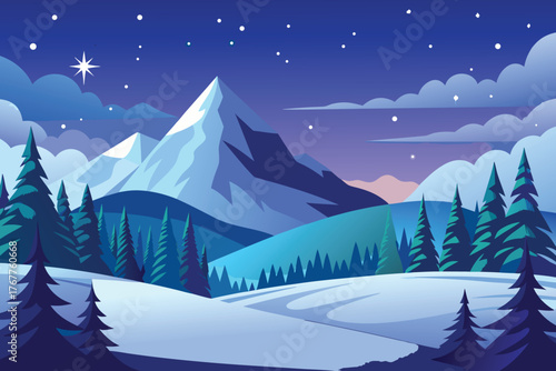 Stylized winter mountain landscape under a starry night sky
