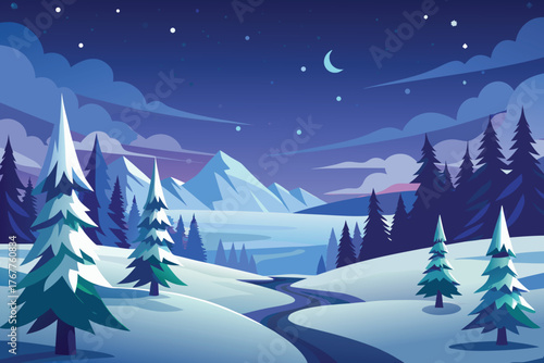 A serene, stylized winter scene unfolds with snow-covered trees, rolling hills, and distant mountains under a twilight sky with a crescent moon and stars.